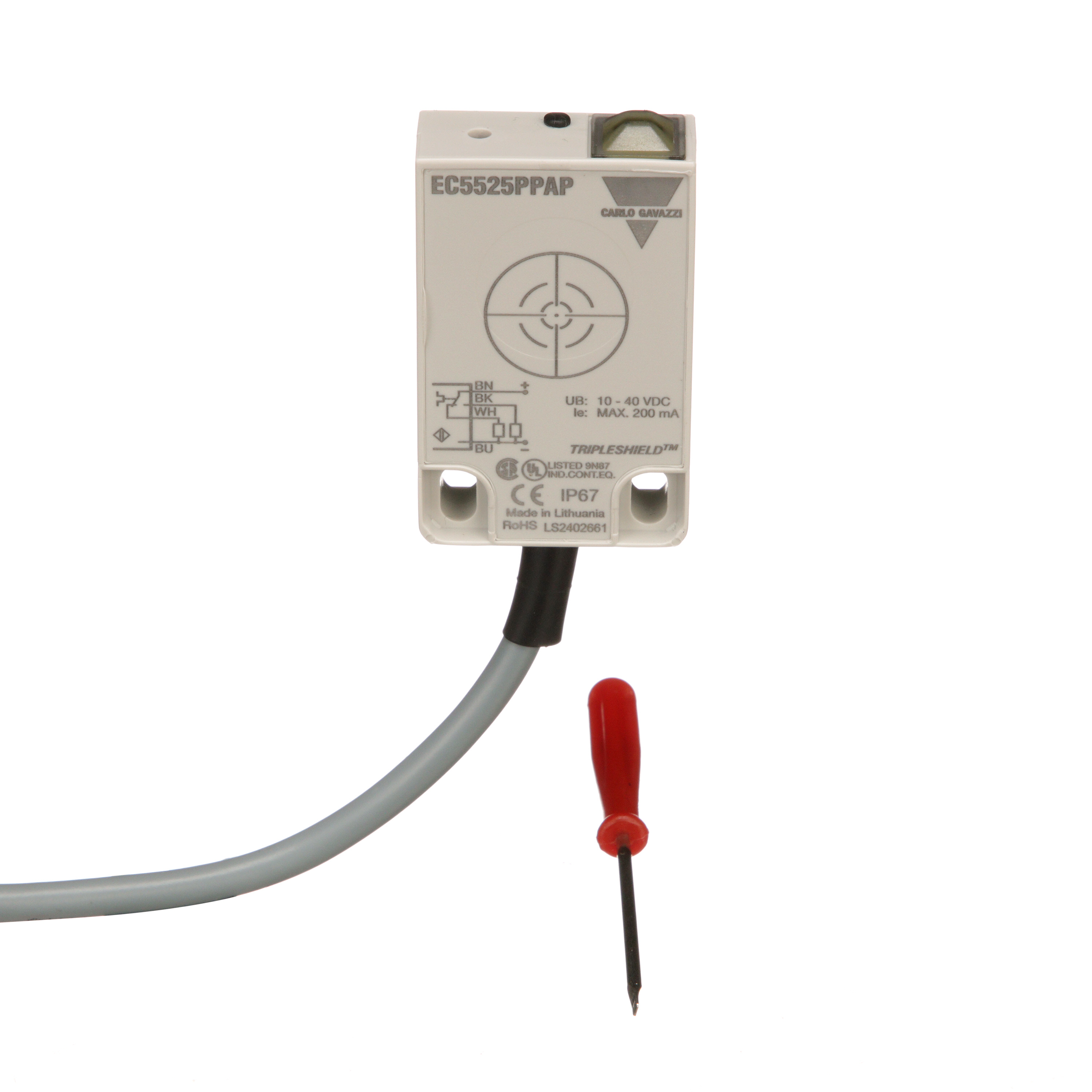 Carlo Gavazzi Capacitive Plastic Rectangular Sensor; 25mm; Non-Embeddable; 10-40VDC; 1NO &plus; 1NC; NPN; 2m Potted Cable